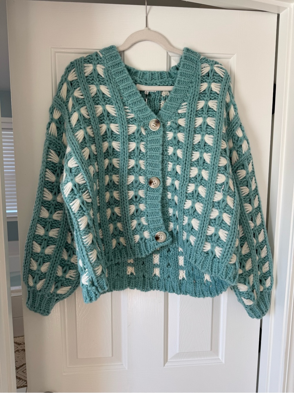 Little Lies Hannah Turquoise and White Chunky Cardigan Sweater